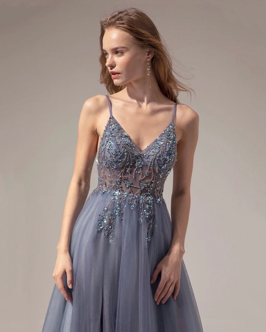 V-Neck Sleeveless Crystal Beading Soft Tulle Dress