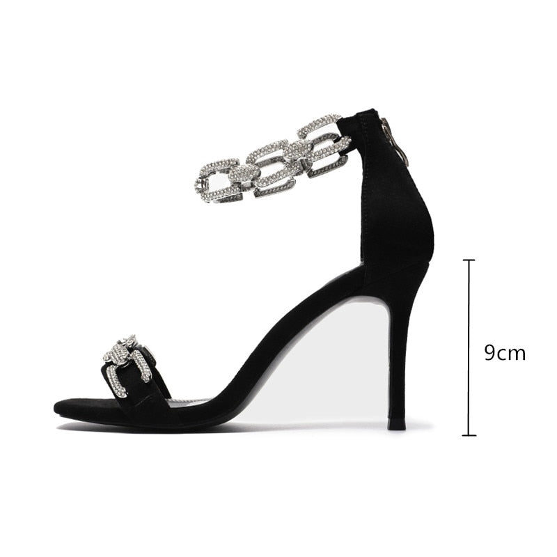 Crystal Chains High Heel Sandals with Ankle Strap.