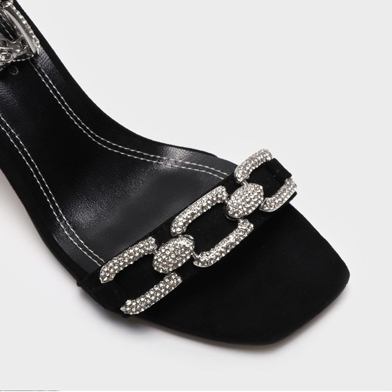 Crystal Chains High Heel Sandals with Ankle Strap.